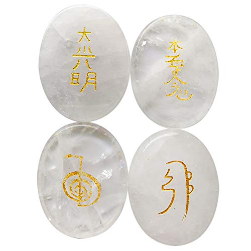 Lot de 4 pierres de chakra gravées en quartz de roche - Pierre de guérison Reiki - 45 mm