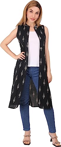 Image of Women Indo Western Floral Printed Ethnic Long Cotton Sleeveless Open Front Plus Size New Shrug Fancy Ladies Summer Cardigan Dress Bolero Jacket Clothing Online