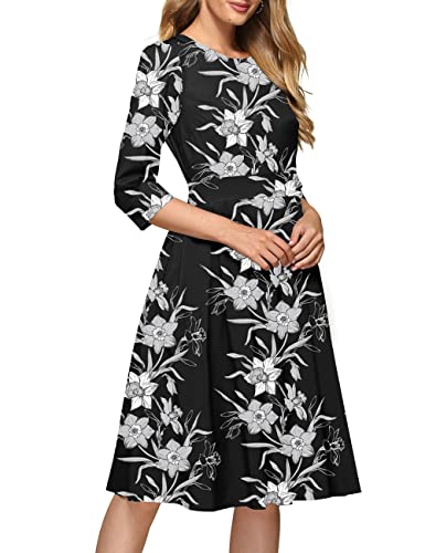 JOJJJOJ Women's 50s Floral Cocktail Vintage Retro Dresses Elegant Midi Evening Dress 3/4 Sleeves（Black,M）