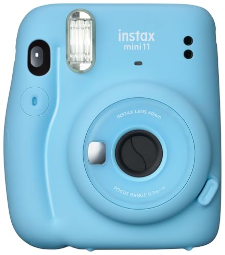 Image of instax mini 11 instant film camera with 1 x 10 shot instant film cartridge, Automatic exposure, selfie lens, hand strap, Sky Blue colour