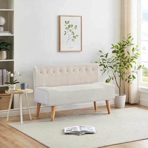OPULENTHOME Sofá de 2 plazas, sofá tapizado, sofá de tela, sofá doble con aspecto de lino y patas de madera, para dormitorio, salón, sala de juegos, color beige, 117 x 55 x 75 cm