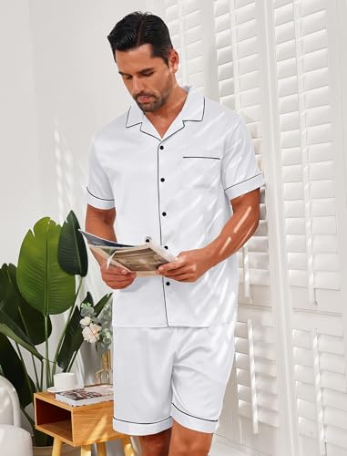 Vssjavun Mens Satin Silk Pajamas Sets Short Sleeve Button-Down Sleepwear Two Piece Loungewear with Pockets