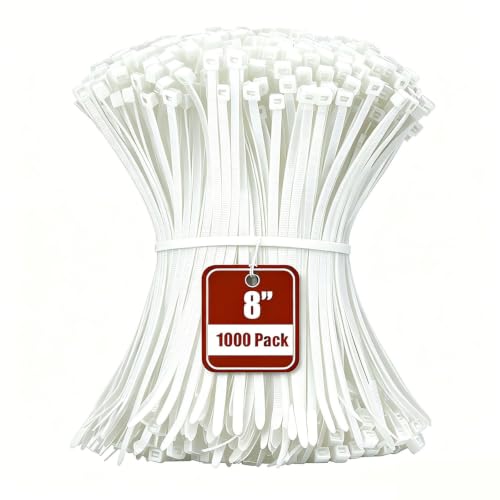 Image of Armpow 8 Inch White Zip Tie 1000 PCS, 40 Lbs - Small to Medium Zip Tie, Nylon PA66 UV Resistant Cable Tie Heavy Duty for Indoor and Outdoor Use - Ideal for bundling and securing objects