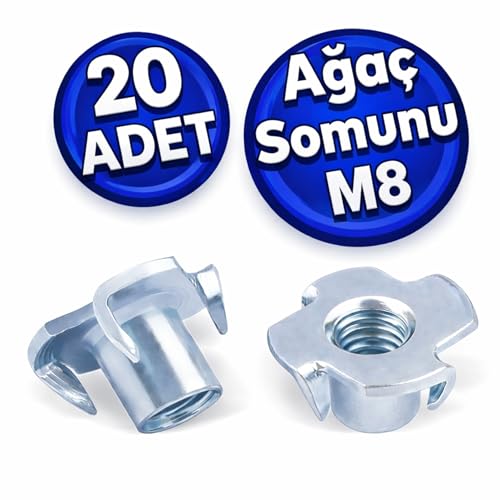Çakma Ağaç Somunu M8, Çinko Kaplama, Ahşap ve Mobilya Bağlantı Somunu, Çakmalı Dişli Dübel, Dayanıklı Metal, 20 Adet