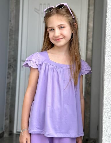 Image of Arshiner Girls Shirts Short Sleeve Square Neck Summer Lace Openwork Pleated Tops Blouse Tunic
