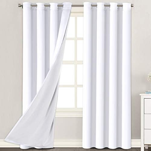H.VERSAILTEX White Blackout Curtains 84 Inches Long (2 Layers) Light Blocking Lined Window Curtain Draperies for Bedroom Thermal Insulated Soft Thick Silky Grommet 2 Panels, White with White Liner