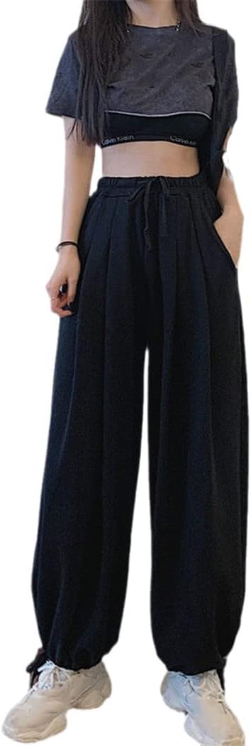 KEHAIOO Women Casual Gray Joggers, Summer Korean Sweatpants, High Waist Solid Color Streetwear Loose Sports Pants