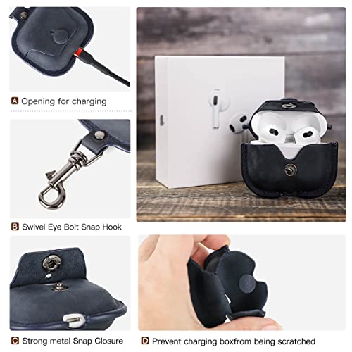 Genuine Leather Case For 3Rd Gen Airpods 2021,Hiram Crazy Horse Cowhide Leather Portable Travel Case For Airpods 3Rd Gen,Headphone Cases For 3Rd Gen Airpods Charging Case(Blue) #TOP5