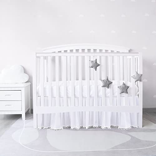 Image of Crib Skirt with Pompoms White, 14 inch Drop, Fits Standard Crib | 5-Sided Coverage, Pleated with Pompoms, Fade & Wrinkle Resistant, Machine Washable