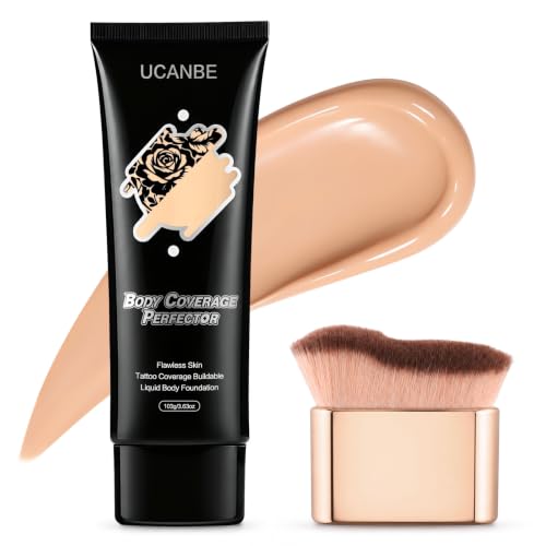 UCANBE Body Coverage Perfector, Waterproof Quick-Dry Full Coverage Tattoo Cover Up Concealer for Legs & Body, Sweatproof No Transfer, Covers Tattoos, Scars, Bruises, 3.63 Oz with Brush - Light Natural