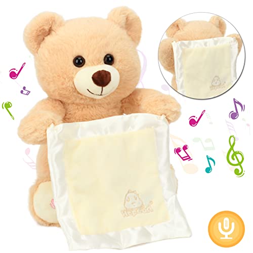 Hopearl Peek A Boo Bear with Security Blanket Interactive Repeats What You Say Plush Teddy Bear Toy Musical Singing Talking Stuffed Animal Adorable Electric Animate Birthday Festival, Beige, 11'' by Hopearl - Used condition - US$27.92