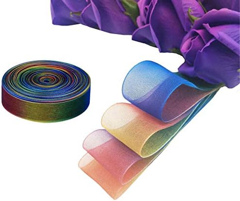 Amerisky Organza Ribbon, 50Yards 25mm Shimmer Sheer Satin Ribbons for Gift Wrapping, Rainbow Colour