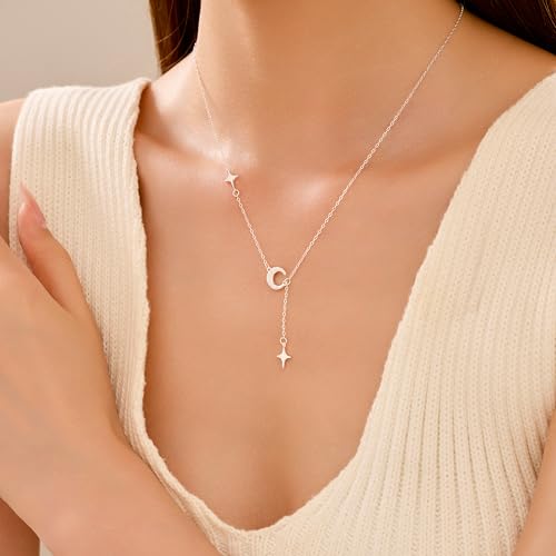 Dainty Crescent Moon Star Necklace for Women 925 Sterling Silver Y Shape Drop Lariat Necklace Trendy Pendant Choker Necklace Back to School Jewelry Birthday Christmas Gifts4