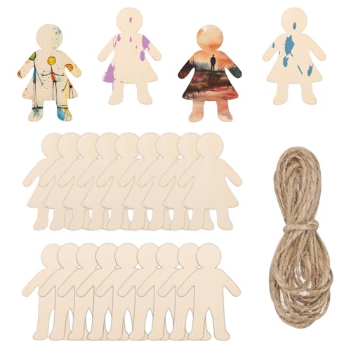 PATIKIL 4 Height Natural Wooden People Cutouts, 32Pcs Blank Female Male Shapes Unfinished Wood Hanging Ornaments & 6.6FT Jute Twine for DIY Crafts