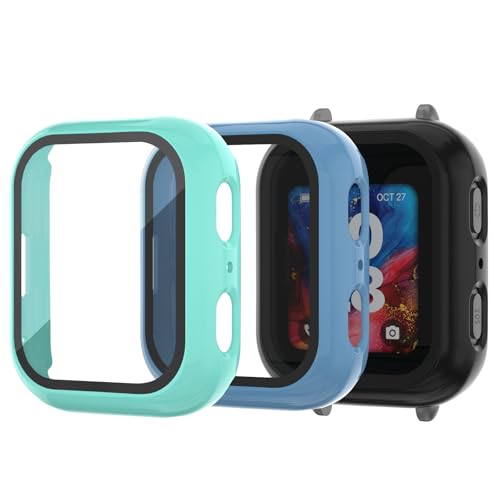 NewJourney Compatible with Bark Watch Screen Protector 3 Pack Bumper Case with Scratch-Resistant Tempered Glass Cover Kids Smartwatch Accessories (Teal+Blue+Black)