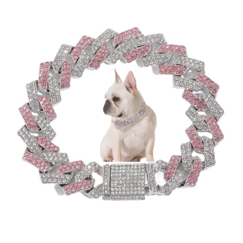 Collare a catena per cani, collana con diamanti sintetici luccicanti in metallo, collare cubano, largo 14 mm, gioielli per animali domestici per cuccioli di taglia XS, piccola, media e grande, rosa