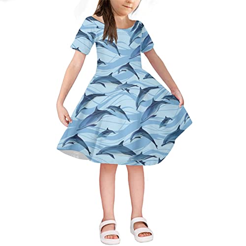 Howilath Mädchen Kleid Schulterfrei Kurzarm A Linie Kleid Prinzessin Kleid Sommer Gebrochene Blume Panda Kuh Punkte, Delfin, 10 Jahre Cover