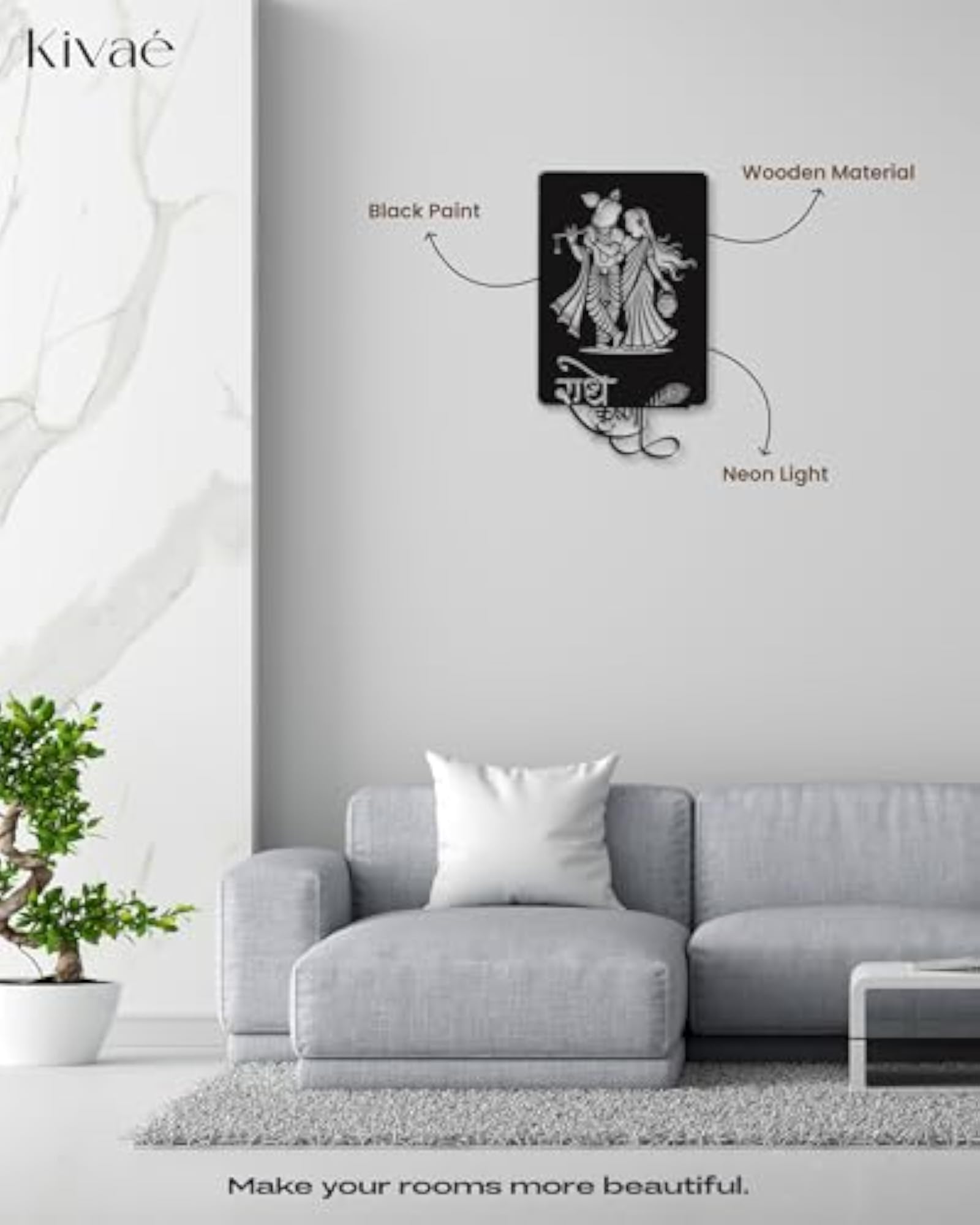 Radha Krishna Wooden Neon Light Backlit Wall Art