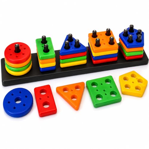 Image of PLUSPOINT Shape Stacking Board Toy, 26-Piece Montessori Shape Sorting Puzzle, Educational Learning Toy for Kids, Color & Shape Recognition, Counting, Fine Motor Skills, Hand-Eye Coordination