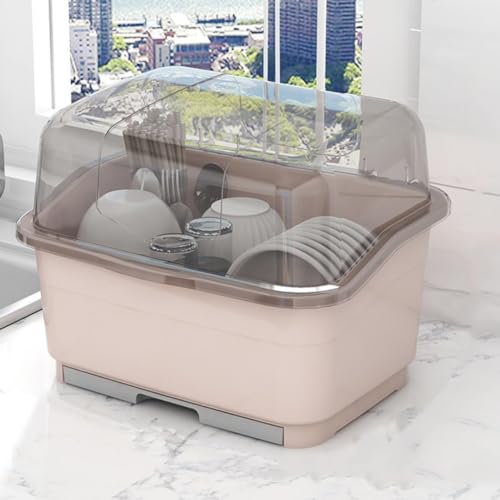 水切りバスケット 食器収納 食器乾燥ボックス 水切りラック 食器棚 カバー付きキッチン収納 食器ドレンラック 水切りかご 透明蓋付き 収納ボックス 台所用品収納 台所 衛生的 防塵 防汚 防虫 抗菌 便利大容量 多機能 (ピンク,L:45*36*33cm)