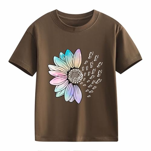 Girls Loose Fit Sunflower Graphic T Shirts Short Sleeve Crewneck Cute Pattern Printed Tops Kids (A-Coffee, 12-13 Years)2