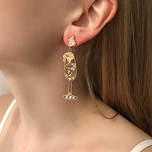 Champagne Glass Earrings, Champagne Wine Glass Dangle Earrings For Women, Handmade Crystal Rhinestones Pearl Beaded Drop Earrings, Fun Earrings Dainty Earrings Jewelry Gift For Women Girls (Champagne) #TOP3