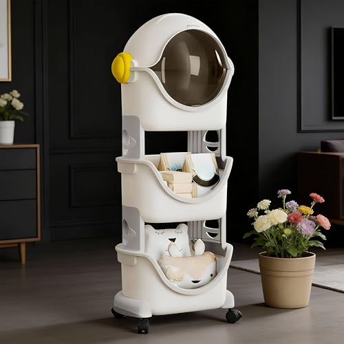 Image of Plantex Toy Rack for Kids Room /Multipurpose Astro Storage Organizer for Baby Clothes Wardrobe /3-Tier ABS Plastic Baby Toy Storage Organiser with Flip Cover-Pack of 1(White & Grey)