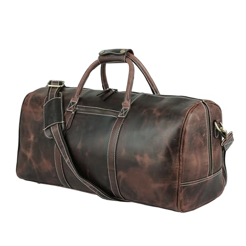 Image of KomalC 24 Inch Leather Duffle Bags for Men and Women Travel Overnight Weekend Bag Sports Gym Duffel for Men (Hunter Distressed Brown)
