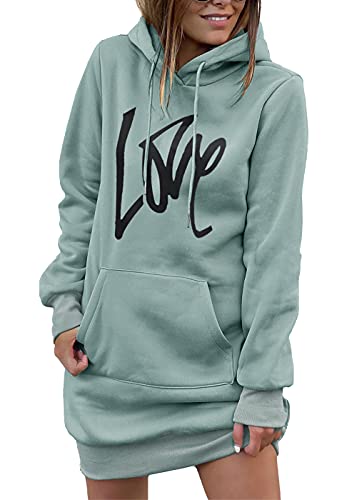 PRETTYGARDEN Womens Hooded Sweatshirt Drawstring Lightweight Long Sleeve Pullover Hoodie Dress with Pockets (Grey Green, Large)