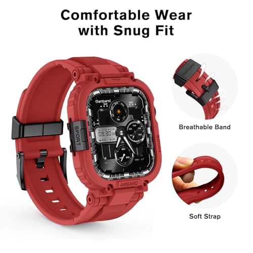 Image of amBand Compatible with Apple Watch Series 11 /10 42mm Bands Case for Men Women, M1 Sport Rugged Heavy Duty Protective Cover Tactical Strap Military Protector Bumper for iWatch Accessories - Mars Red