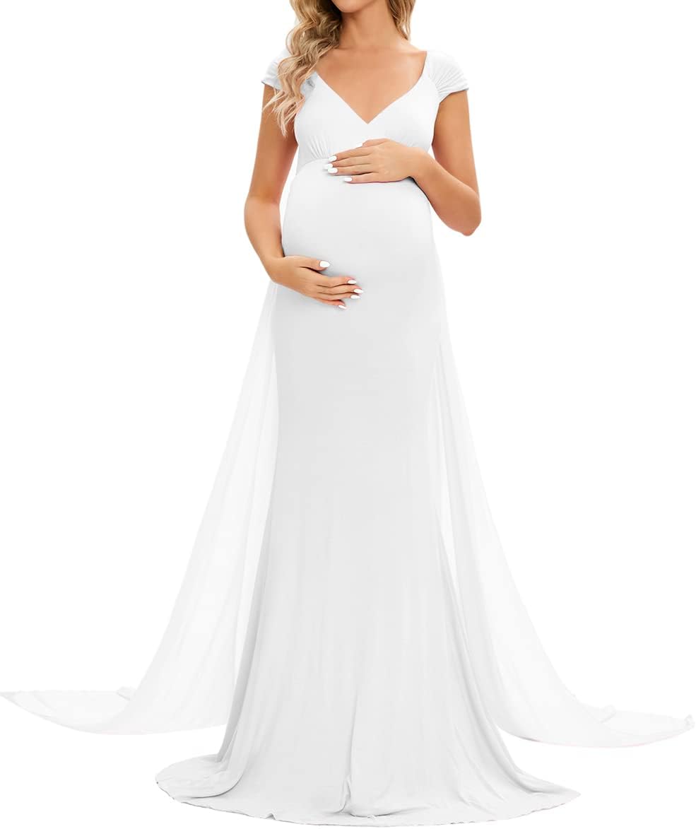 ZIUMUDY Maternity Fitted Gown Sleeveless Maxi Dress for Photoshoot Photography with Long Chiffon Train