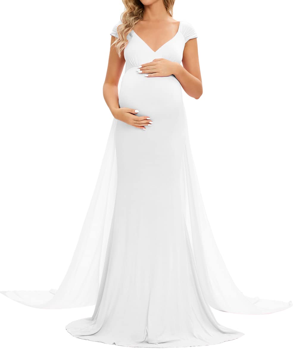 ZIUMUDY Maternity Fitted Gown Sleeveless Maxi Dress for Photoshoot Photography with Long Chiffon Train