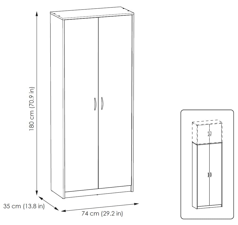 BDW Tom - Armadio con mensola, pannello in strato, 2 ante, 5 ripiani, opaco, per ufficio, dormitorio, corridoio (bianco, 180 x 75 x 35 cm)