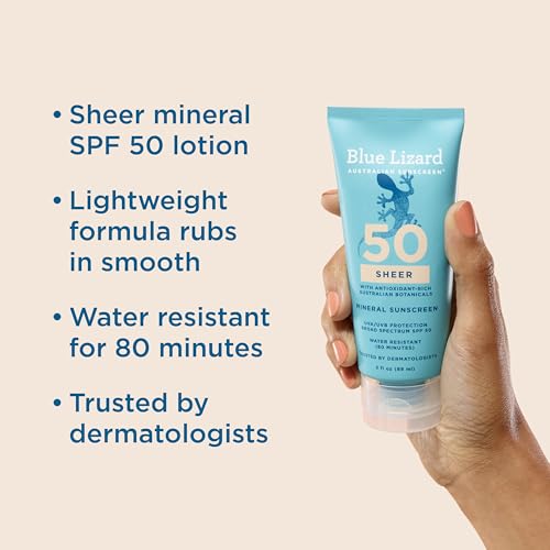 Image of Blue Lizard Australian Sheer Body Mineral Sunscreen Lotion, SPF 50, 3 fl oz | Zinc Oxide, 100% Mineral Actives, Water Resistant, Nourishes & Moisturizes, Vegan, Fragrance & Paraben-Free, Rubs in Smooth