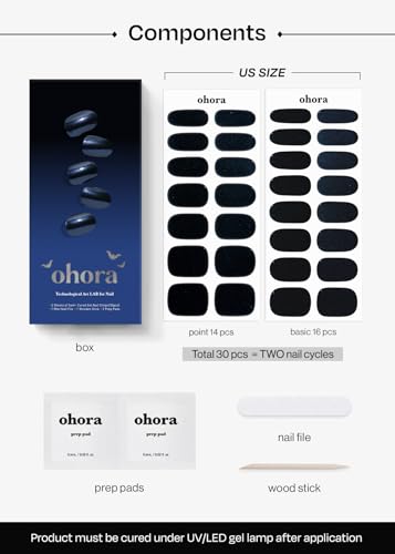 Image of ohora Semi Cured Gel Nail Strips (N Navy Chrome) - Works with Any Lamps, Salon-Quality, Long Lasting, Easy to Apply & Remove - Includes 2 Prep Pads, Nail File & Wooden Stick