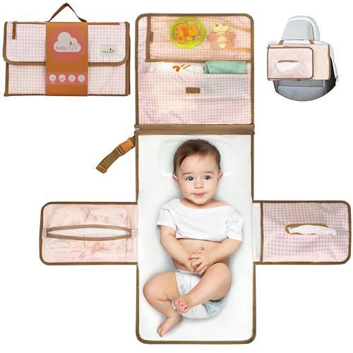 Cambiador bebé portátil e impermeable XL - Este cambiador de pañales es un bolso desmontable que incluye 6 bolsillos, un dispensador de toallitas y un cómodo cojín para la cabeza del bebé.
