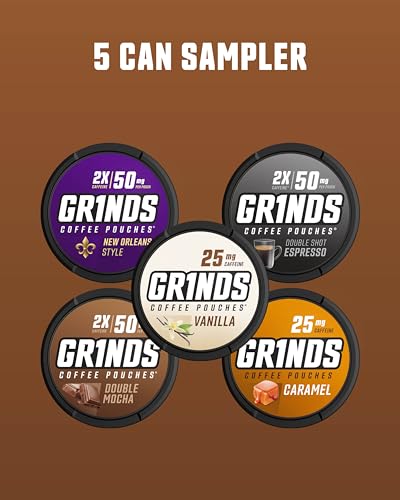 Grinds Coffee Pouches | 5 Can Sampler | Double Shot Espresso, Vanilla, New Orleans, Double Mocha, Caramel | 1 Pouch eq. 1/4 Cup of Coffee