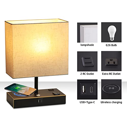 Kukobo Bedside Table Lamp With Wireless Charger, Touch Control Table Lamp For Bedroom Living Room, 3 Way Dimmable Nightstand Lamp With Type C + Usb Port And 2 Ac Outlets, 6W Blub Inclued(Black). #TOP3