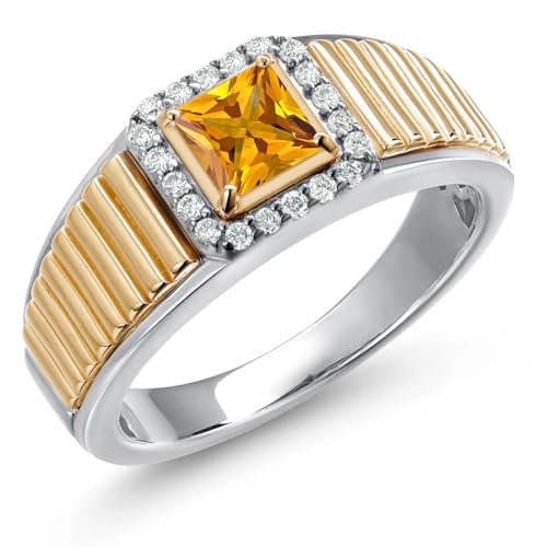 Gem Stone King Princess Cut Ring For Men | 925 Silver and 10K Yellow Gold | 5MM Princess Cut Gemstone Birthstone and 1.2MM Round White Lab Grown Diamond | Available in Size 7-13