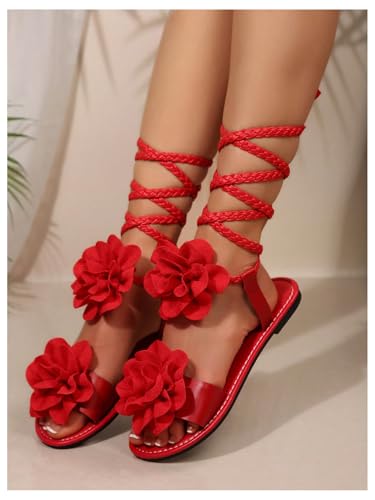 GORGLITTER Women's 3d Flower Lace Up Sandals Floral Braided Open Toe Strappy Tie Up Beach Slide Shoes 20254
