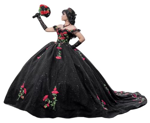 Youjiayi Sparkly Floral Quinceanera Dresses Puffy Lace Tulle Sweet 16 Dress with Train Off Shoulder Long Ball Gown