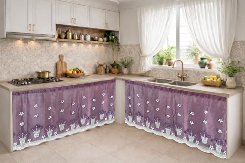 Image of Embroidered Kitchen Sink Curtain with Rod Pocket | Decorative Under Sink Cabinet Curtain | Floral & Peacock Design | Washable Fabric | Size: 150 x 71 CM (Purple, Pack of 2)
