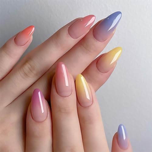 Tyuimhx Colorful Gradient French Tip Press on Nails Medium Almond Fake Nail Colorful Ombre False Nails Glossy Full Cover Stick on Nail Acrylic Artificial Glue on Nail for Women 24 Pcs