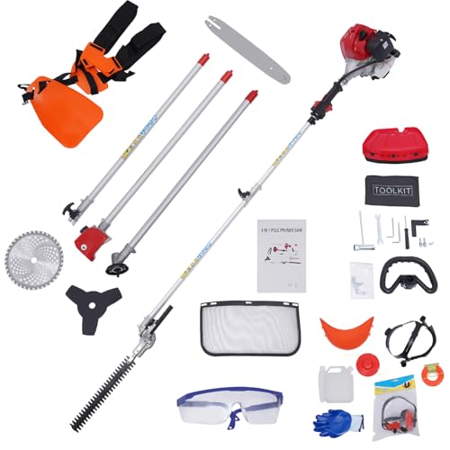 Herramienta multifunción de jardín de gasolina de 52 cc con desbrozadora, cortabordes, motosierra y cortasetos en uno, multiherramienta 4 en 1 para jardín, incluye 3× barras de extensión de 85 cm y