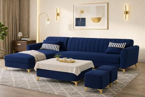 Image of Adorn India Premium Luster 8 Seater L Shape Sofa Set with 2 Puffy & 1 Center Table | Velvet Suede Fabric | 3-Year Warranty | LHS | Blue with Golden Legs & Striped Pattern Cushion