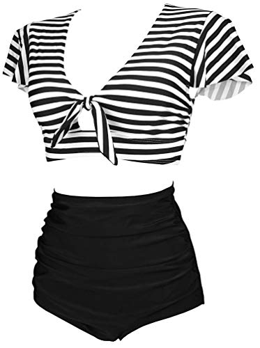 COCOSHIP Black & White Striped Women's High Waist Ruched Bikini Set Tie Front Short Sleeve Top Ruffle Straps Bath Swimwear 162