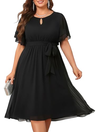Pinup Fashion Plus Size Little Black Dresses Women Wedding Guest Funeral Chiffon Cocktail Semi Formal Elegant Party Flowy Midi Dress