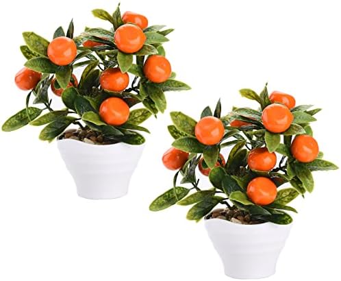 Rylod 2 Pcs 7.8 Inch Tall Artificial Orange Tree in Pot, Artificial Bonsai Potted Plant Mini Fruit Tree, Artificial Fruit Tree Potted for Home Party Wedding Desktop Decoration, Orange,red
