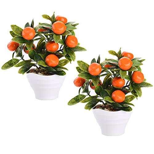 Rylod 2 Pcs 7.8 Inch Tall Artificial Orange Tree In Pot, Artificial Bonsai Potted Plant Mini Fruit Tree, Artificial Fruit Tree Potted For Home Party Wedding Desktop Decoration, Orange,Red #TOP6