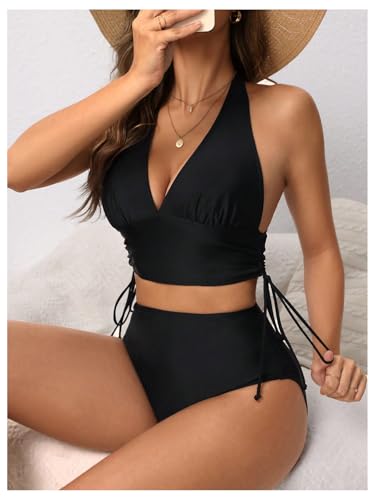 SweatyRocks Women's Drawstring Halter Bikini Set High Waisted 2 Piece Swimsuit Bathing Suit4